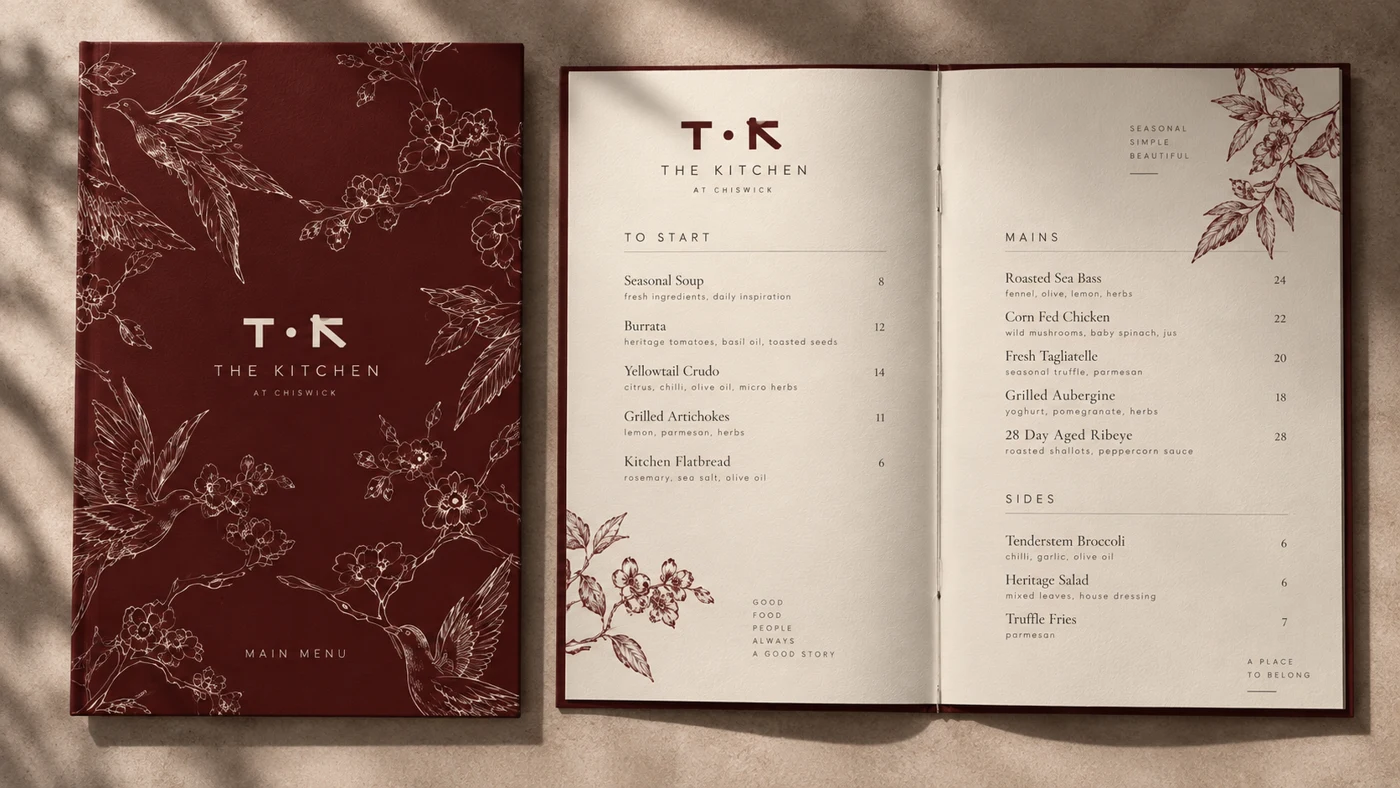 TK Kitchen branding concept: menu design