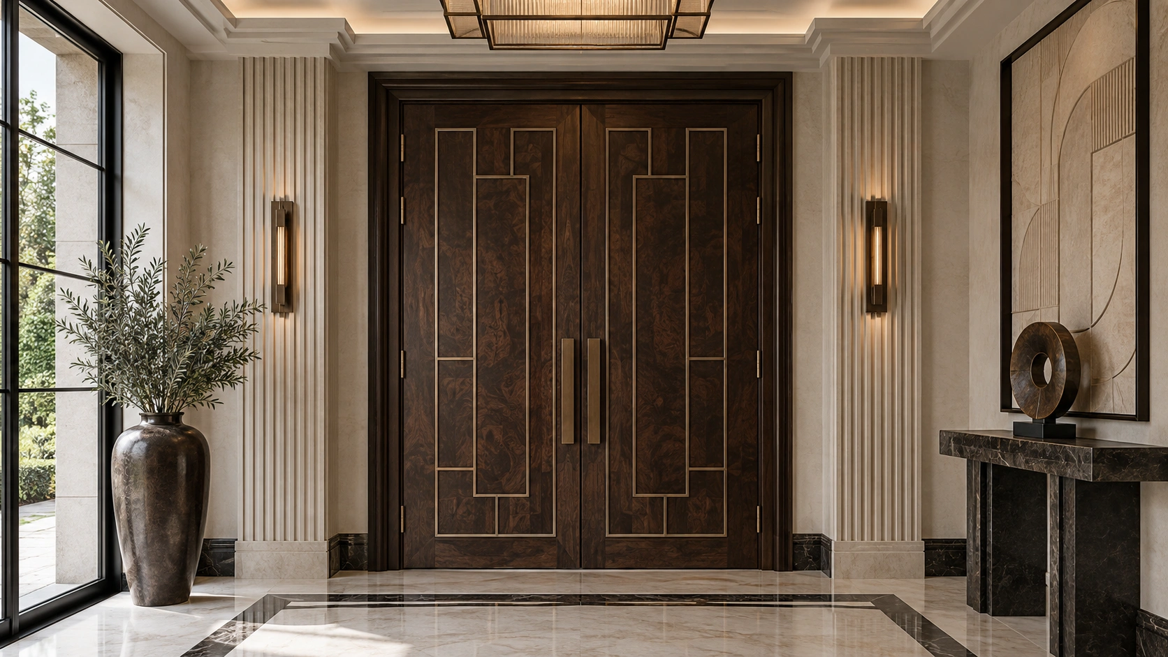 Geometric figured-wood doors — Accanto architectural illustration