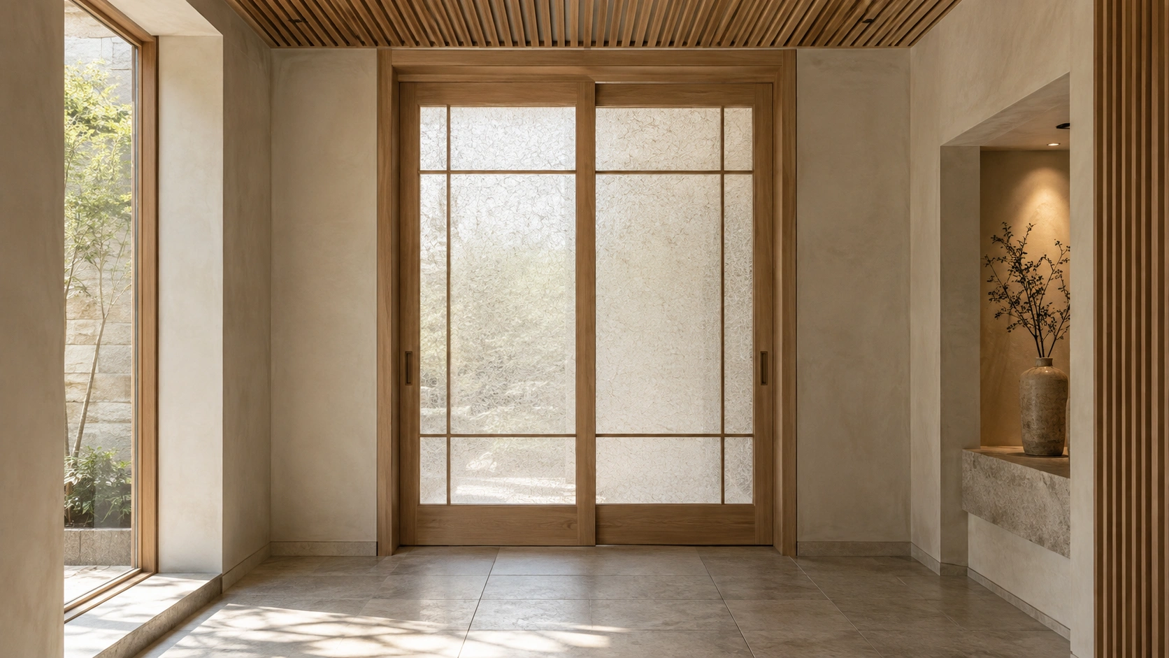 Oak sliding screen — Accanto architectural illustration