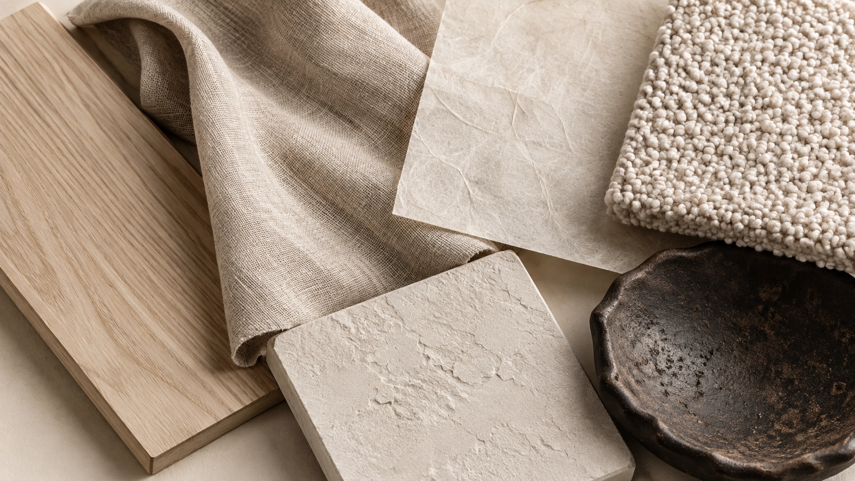 Pale timber, linen and handmade ceramic — Accanto design illustration