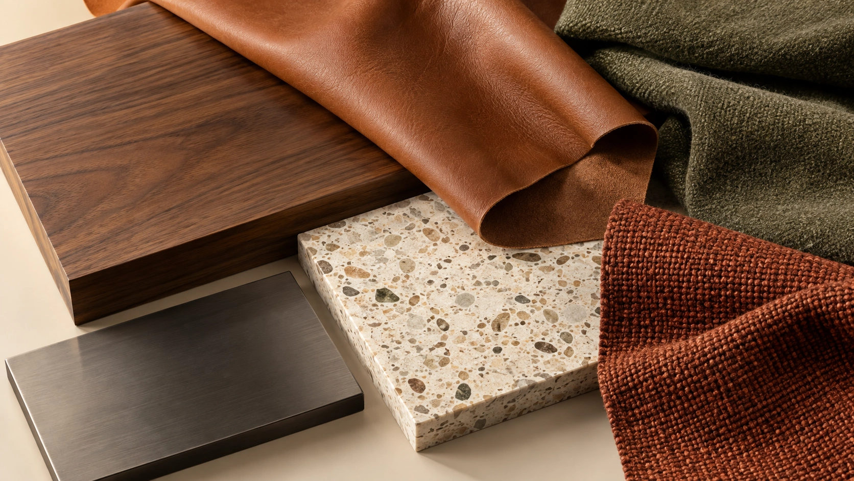 Walnut, cognac leather and olive wool — Accanto design illustration