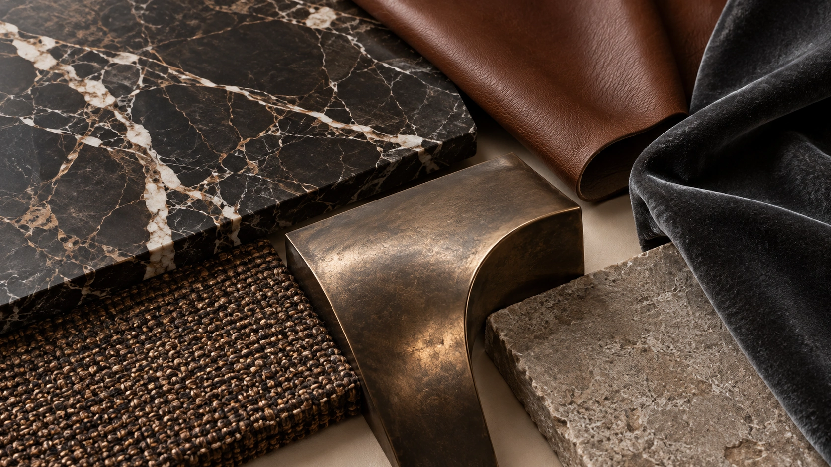 Dark marble, saddle leather and bronze — Accanto design illustration