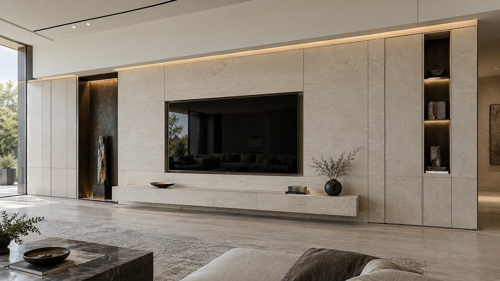 Monolithic limestone and floating console — Accanto design illustration