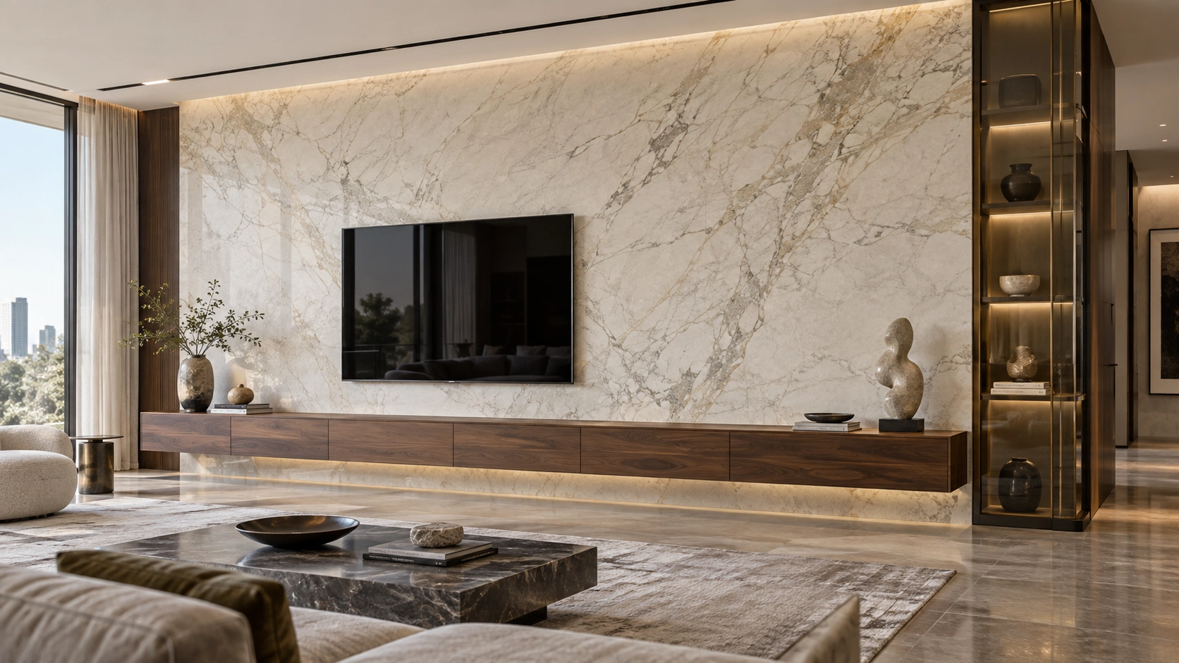 Asymmetric marble and walnut composition — Accanto design illustration