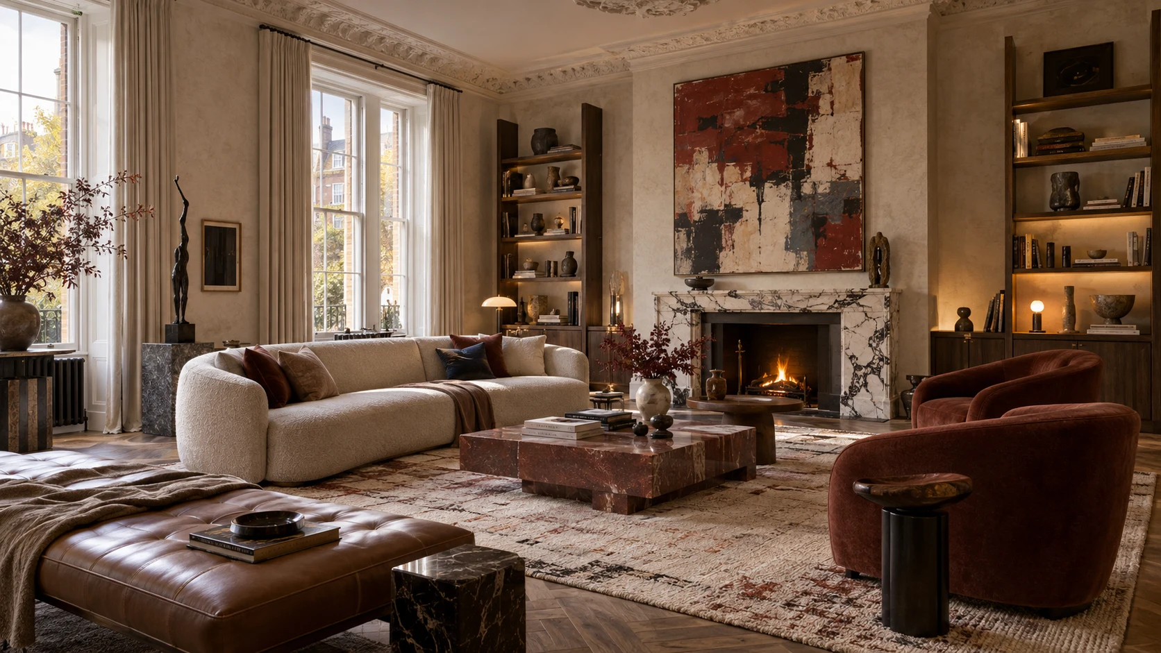 Drawing room with rust armchairs and marble fireplace