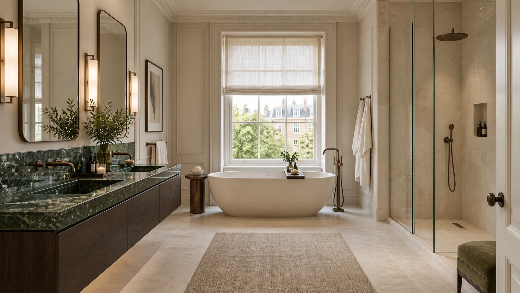 Bathroom with green stone vanity and freestanding bath