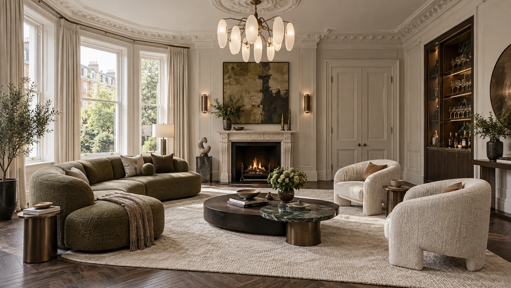 Drawing room with olive sofa and cream armchairs