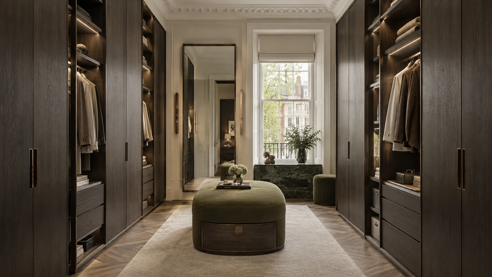 Dressing room with dark wardrobes and green ottoman