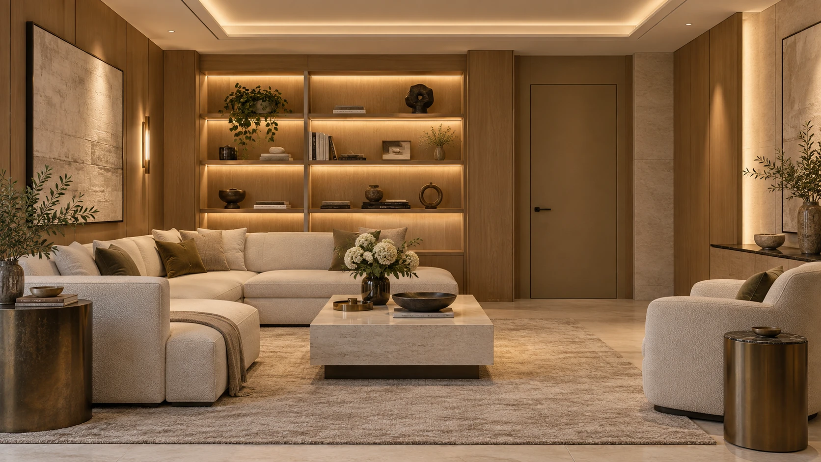 Private safe-room lounge with soft seating and timber shelving