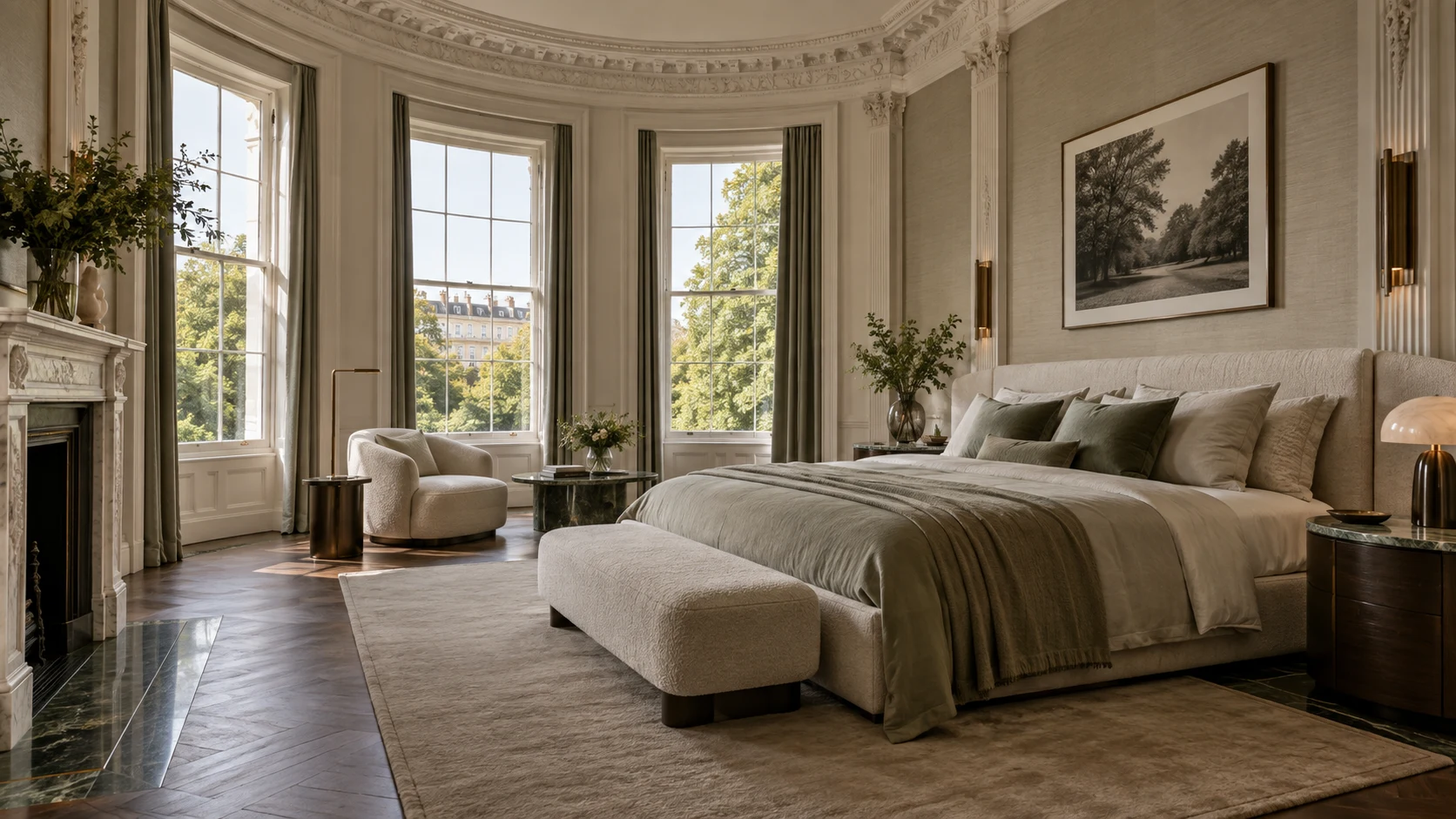 Bedroom with cream upholstered bed and green textiles