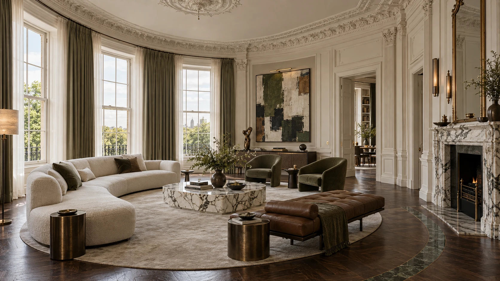 Drawing room with curved sofa and green armchairs