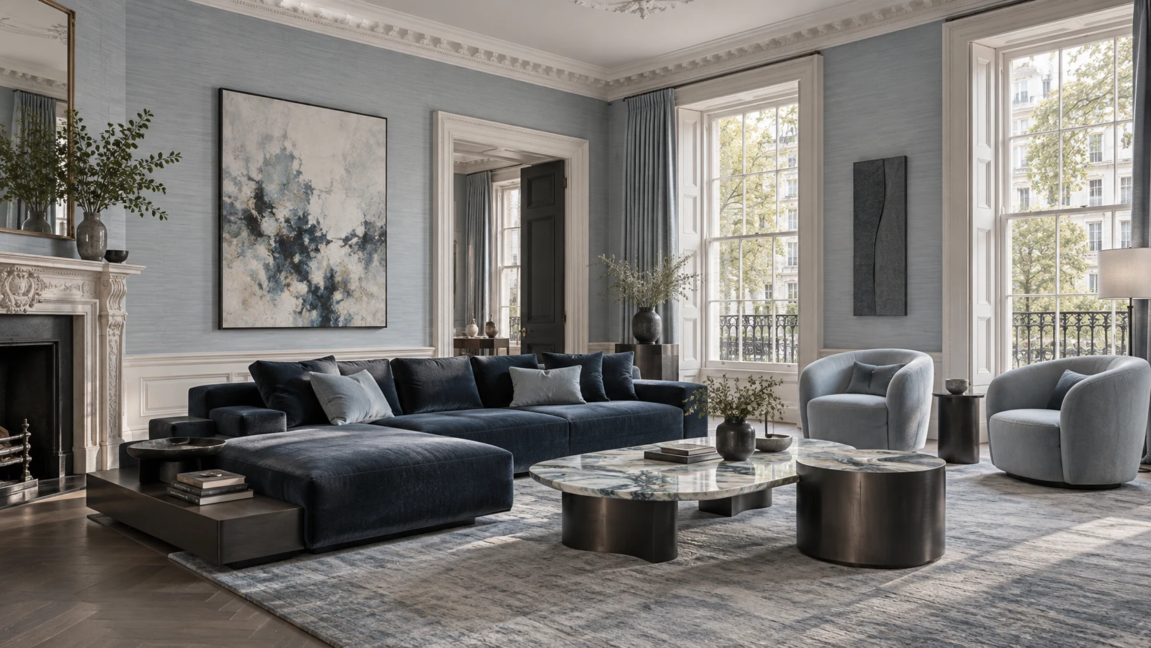 Drawing room with blue sofa and marble coffee tables