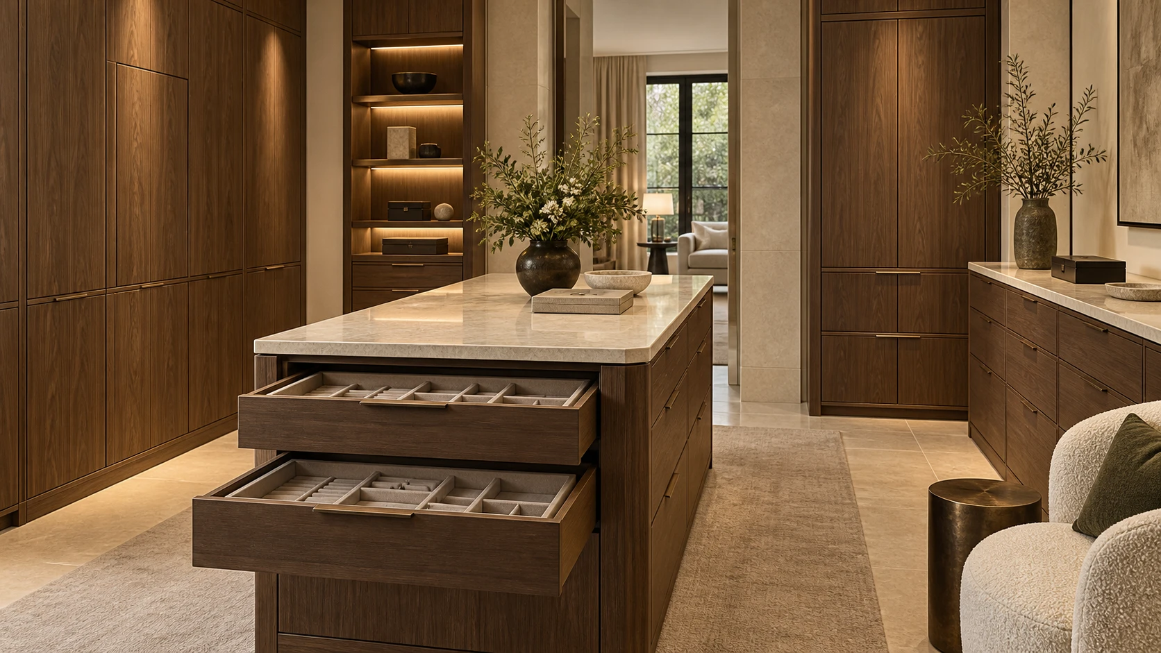 Valuables room with integrated cabinetry and lined drawers