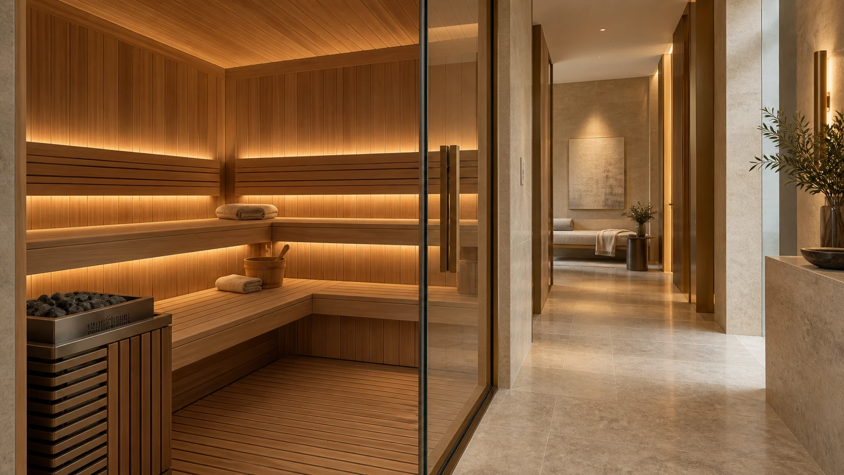 Cedar sauna with tiered benches and glazed entrance