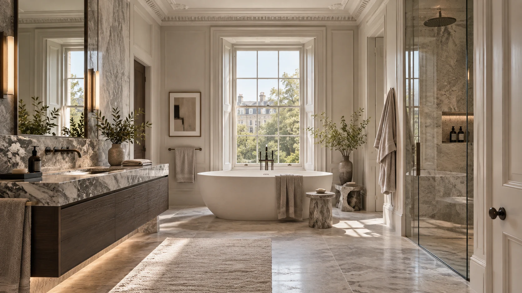 Bathroom with freestanding bath and veined stone vanity