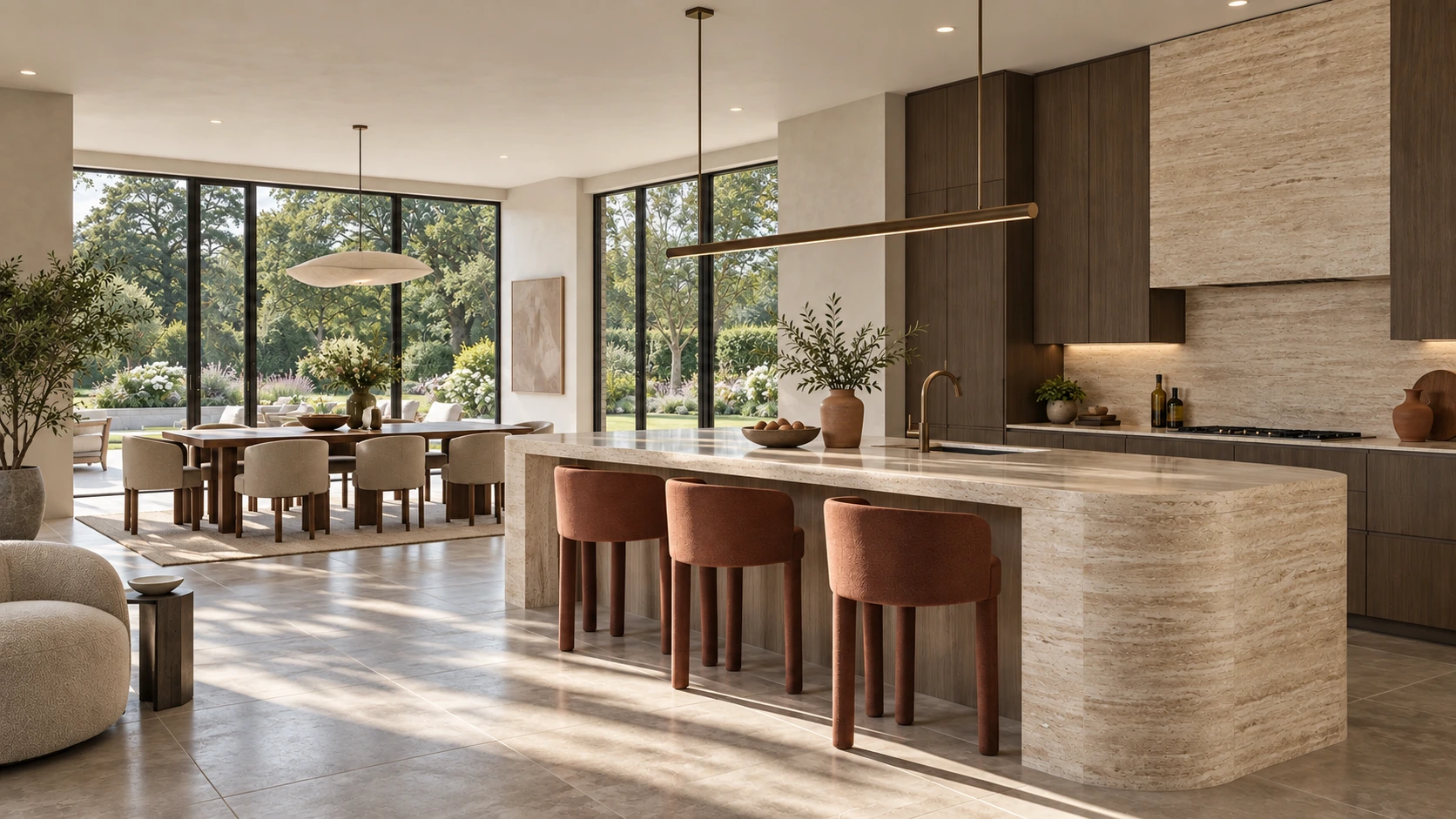 Kitchen with travertine island and terracotta stools